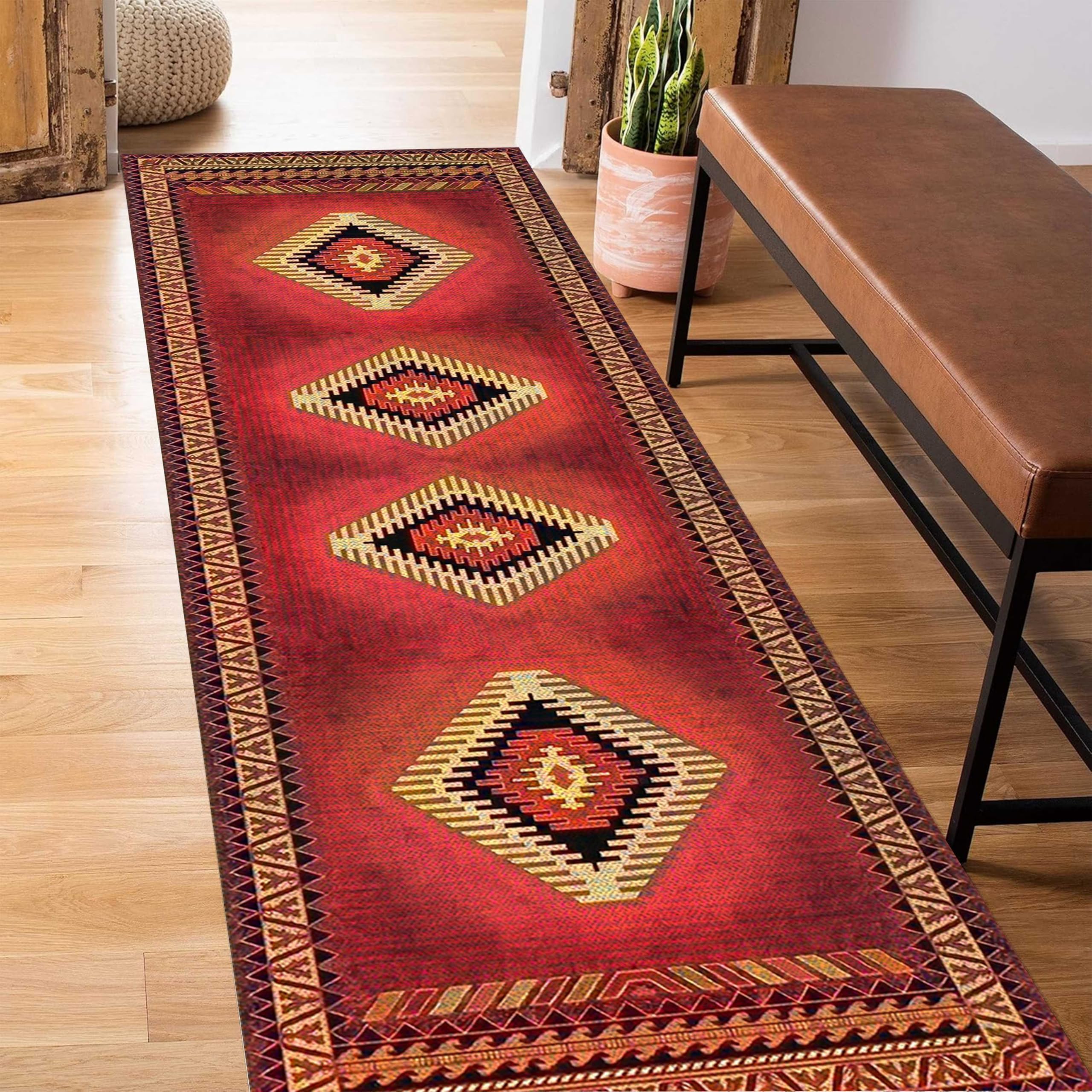 PDENZG Native American Runner Rug, 2x7ft, Machine Washable Rug for Hallway, Soft Large Runner Rugs with Anti-Slip Backing, Vintage Style Cabin Rug for Bedroom, Living Room, Dining Room Entrance