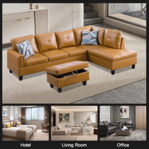 Dormily Ginger Faux Leather L Shaped Sofa Set, Leather Sectional Couch Set with Storage Ottoman, Ginger Sectional Couch Set Furniture for Living Room, Office, Apartment