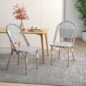 Tangkula French Bistro Chair Set of 4, Outdoor Armless Dining Chairs with Hand-Woven Rattan, Accent Chairs with Galvanized Metal Frame for Garden Kitchen Backyard Porch (Black & White)