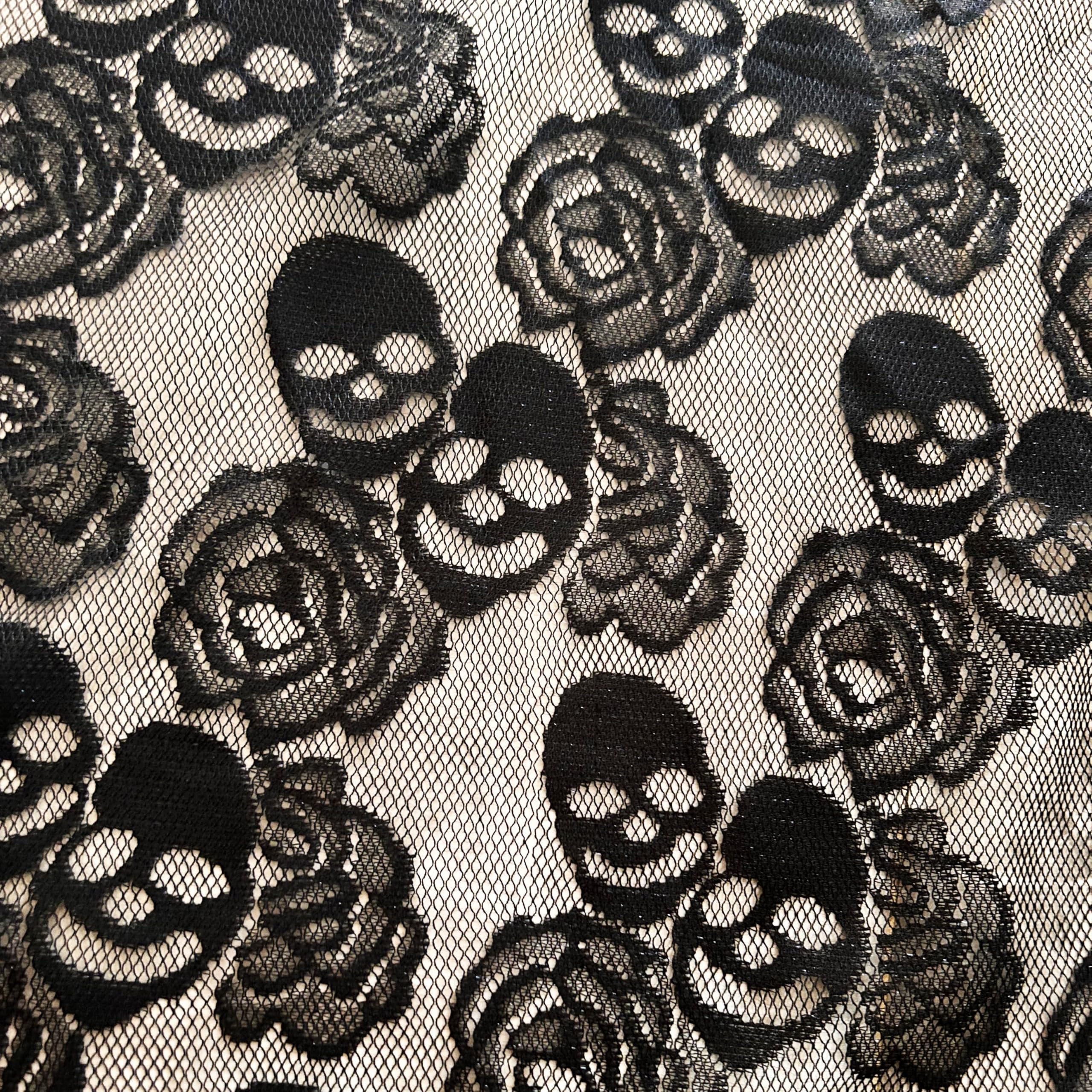 59 Inch Black Skull Lace Fabric, Rose Floral Lace for DIY Party Covers, Curtains, Tablecloths, Halloween Decorations (Black, 1 Yard (59 x 35 in))