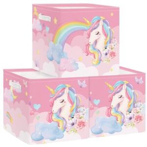 clastyle 3 pcs unicorn cloud kid storage cube organizer set rainbow closet clothes cube storage bin pink nursery toddler toy box chest flower book shelf basket