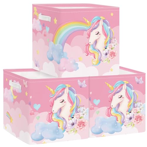 Clastyle 3 Pcs Unicorn Cloud Kid Storage Cube Organizer Set Rainbow Closet Clothes Cube Storage Bin Pink Nursery Toddler Toy Box Chest Flower Book Shelf Basket