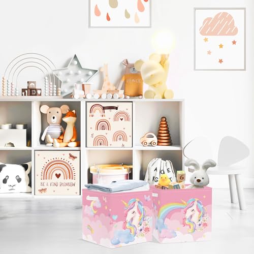 Clastyle 3 Pcs Unicorn Cloud Kid Storage Cube Organizer Set Rainbow Closet Clothes Cube Storage Bin Pink Nursery Toddler Toy Box Chest Flower Book Shelf Basket