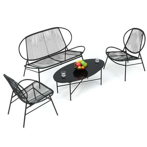 Athena Collection Patio Conversation Set, 4 Pieces All-Weather Rattan Acapulco Chair Loveseat and Oval Table Set Bistro Set Indoor Outdoor Seating Furniture Set for Balcony, Pool, Garden, Black