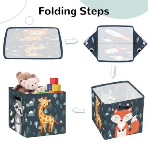 Clastyle 3 Pcs Animal Lion Kid Storage Cube Organizer Set Giraffe Fox Closet Clothes Cube Storage Bin Blue Nursery Toddler Toy Box Chest Raccoon Book Shelf Basket