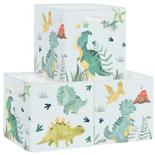 Clastyle 3 Pcs Dinosaur Kid Storage Cube Organizer Set Volcano Dino Closet Clothes Cube Storage Bin Green Nursery Toddler Toy Box Chest Dragon Watercolor Book Shelf Basket