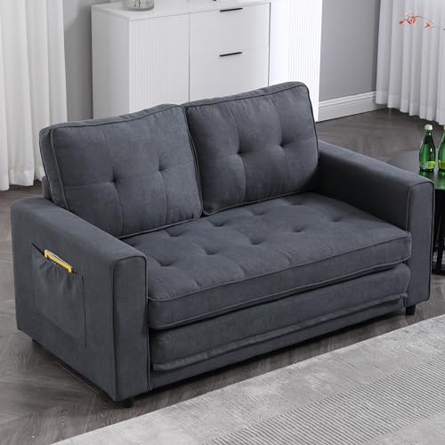 ERYE 3 Fold Tufted Upholstered Futon Sofa Bed Modern Convertible Foldable Floor Loveseat Sofabed with Pull Out Sleeper Couch Daybed W/Side Pockets for Living Room