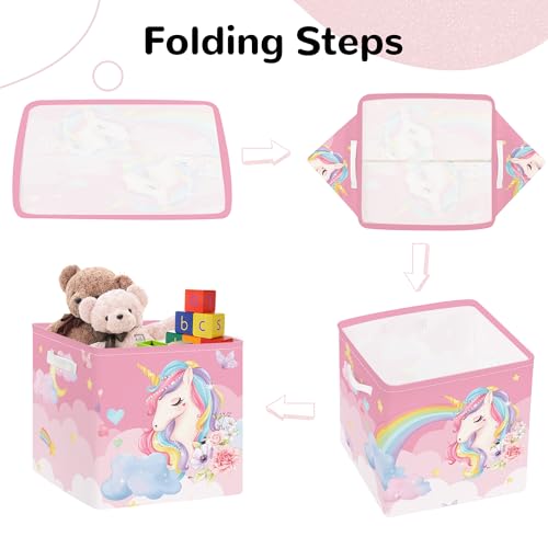 Clastyle 3 Pcs Unicorn Cloud Kid Storage Cube Organizer Set Rainbow Closet Clothes Cube Storage Bin Pink Nursery Toddler Toy Box Chest Flower Book Shelf Basket