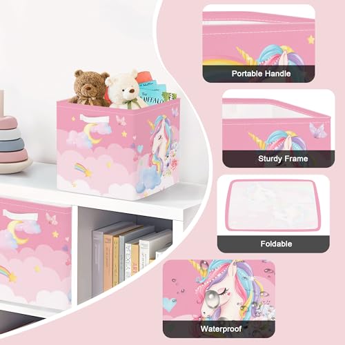 Clastyle 3 Pcs Unicorn Cloud Kid Storage Cube Organizer Set Rainbow Closet Clothes Cube Storage Bin Pink Nursery Toddler Toy Box Chest Flower Book Shelf Basket