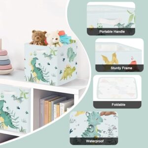 Clastyle 3 Pcs Dinosaur Kid Storage Cube Organizer Set Volcano Dino Closet Clothes Cube Storage Bin Green Nursery Toddler Toy Box Chest Dragon Watercolor Book Shelf Basket