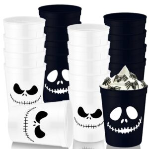 krelhia 16 PCS Christmas Nightmare Party Plastic Cups,Reusable White and Black Plastic Cups Baby Shower Camping Party Supplies for Halloween Skeleton Demon Birthday Party Decoration Supplies (16OZ)