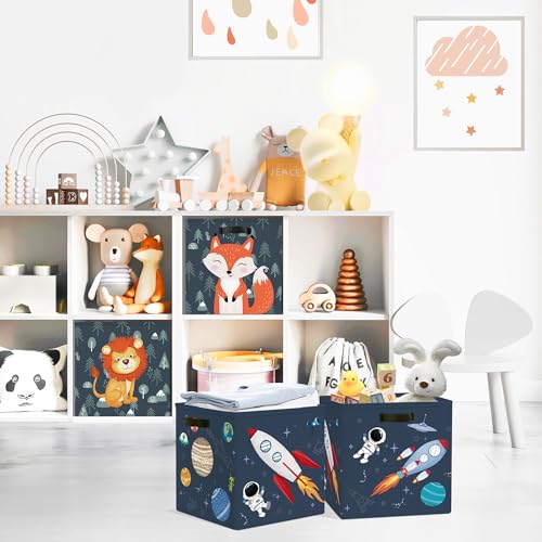 Clastyle 3 Pcs Space Kid Storage Cube Organizer Set Rocket Closet Clothes Cube Storage Bin Blue Nursery Toddler Toy Box Chest Astronaut Book Shelf Basket, 11.8 in