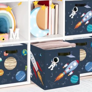 Clastyle 3 Pcs Space Kid Storage Cube Organizer Set Rocket Closet Clothes Cube Storage Bin Blue Nursery Toddler Toy Box Chest Astronaut Book Shelf Basket, 11.8 in