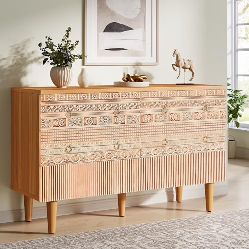 Tribesigns 6-Drawer Dresser, 47-Inch Boho Accent Dresser with 6 Carved Drawers, Double Wide Chest of Drawers, Wooden Dresser Cabinet with Metal Ring Pulls & Legs for Living Room, Bedroom, Oak