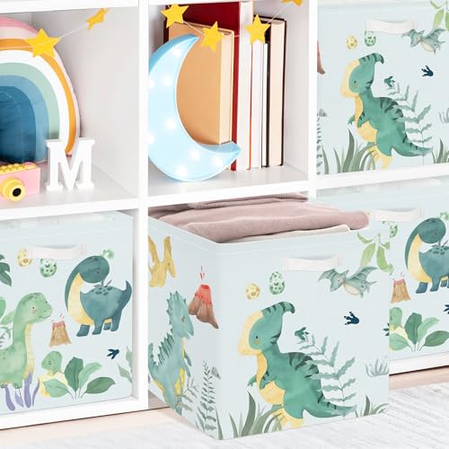 Clastyle 3 Pcs Dinosaur Kid Storage Cube Organizer Set Volcano Dino Closet Clothes Cube Storage Bin Green Nursery Toddler Toy Box Chest Dragon Watercolor Book Shelf Basket