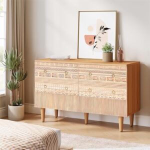 Tribesigns 6-Drawer Dresser, 47-Inch Boho Accent Dresser with 6 Carved Drawers, Double Wide Chest of Drawers, Wooden Dresser Cabinet with Metal Ring Pulls & Legs for Living Room, Bedroom, Oak