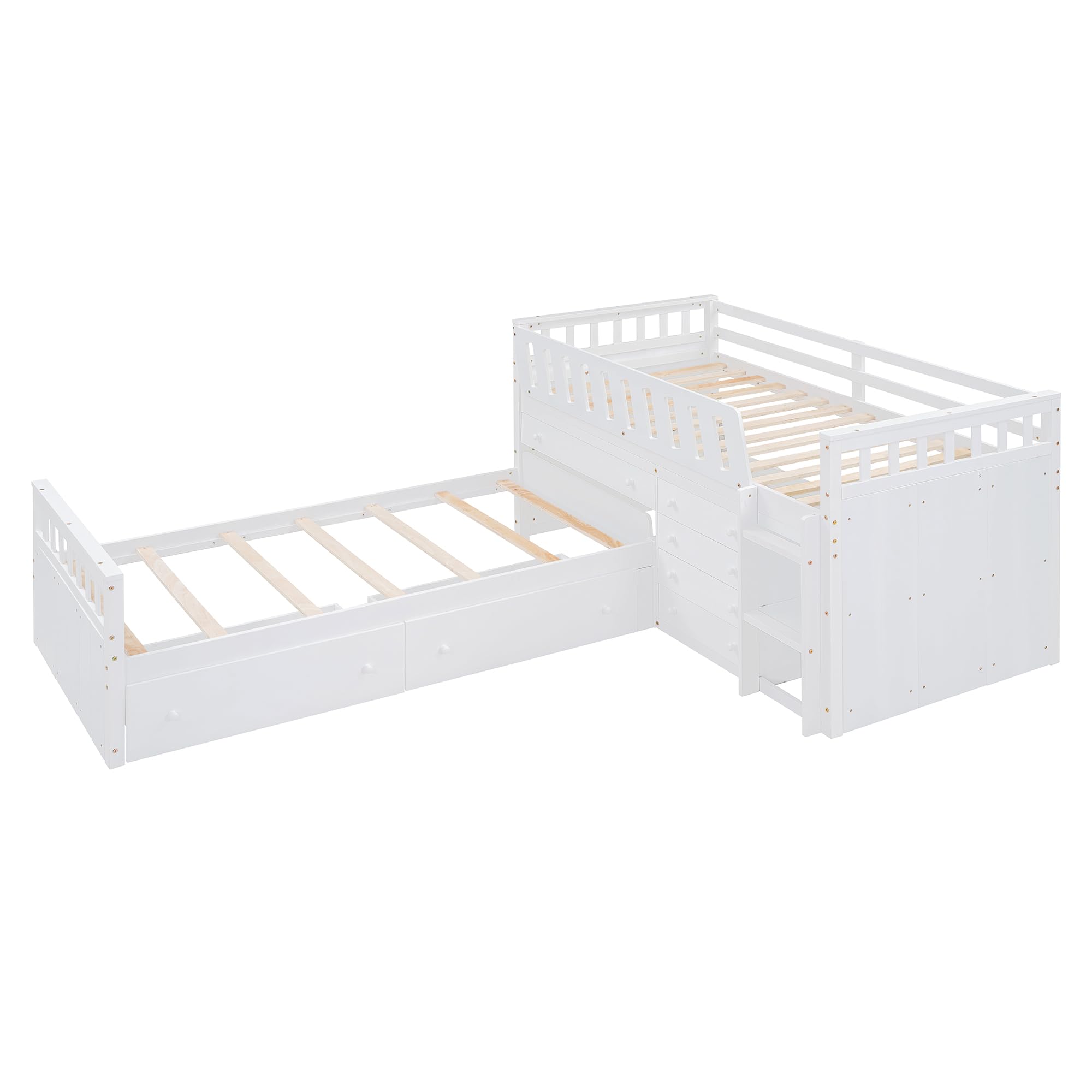 Merax L-Shaped Space-Saving Twin Loft and Platform Bed with 7 Drawers and Full Guardrails, Wooden Bedframe for Boys Girls Adult, No Spring Box Needed, White