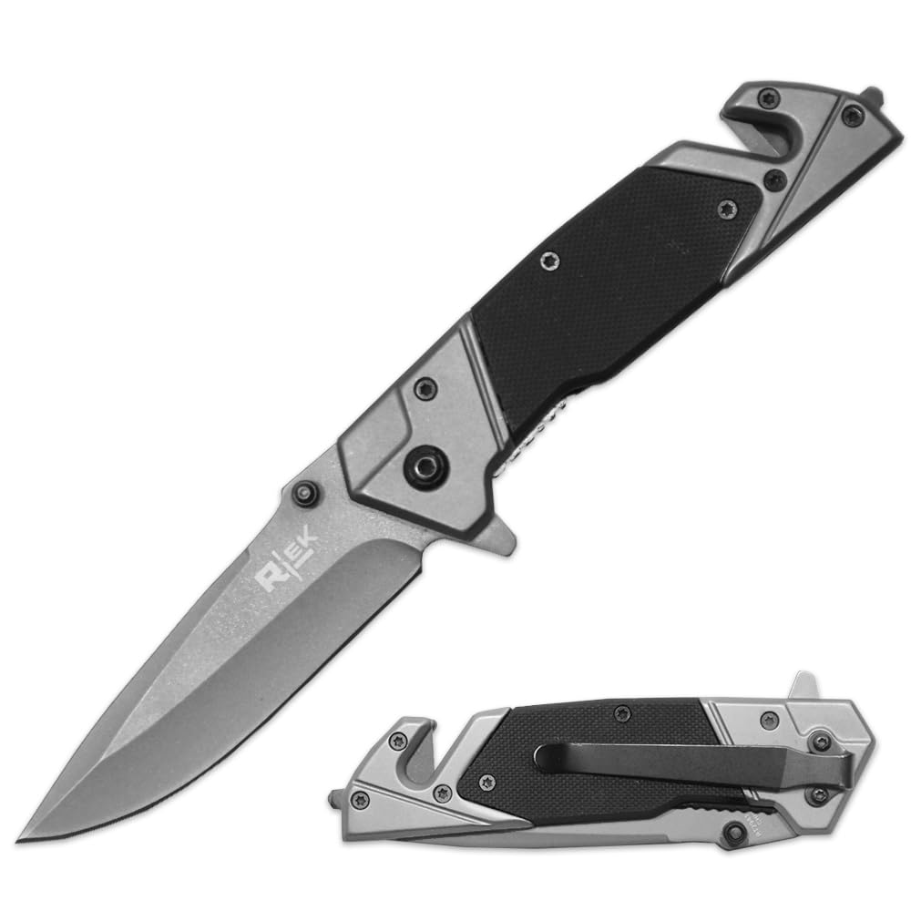 Rtek 4.75" G10 Handle Tactical Folding Pocket Knife with Liner Lock, Pocketclip, Glass Breaker, Seatbelt Cutter (Black)