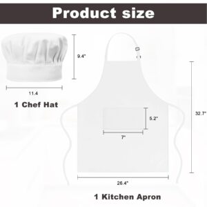 White Chef Apron and Hat Set, Chef Hat and Kitchen Apron with Front Pockets for Adult, Adjustable Apron Baker Costume for Cooking, Baking, Grilling, Restaurant, Men Women Halloween Cosplay Accessories