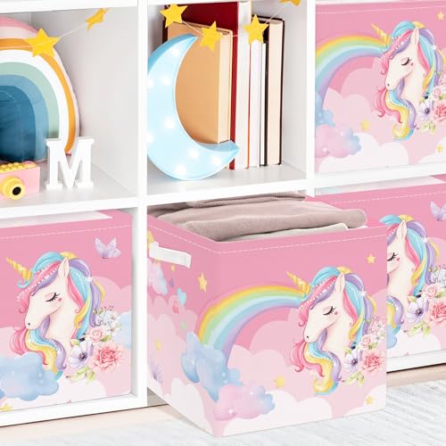 Clastyle 3 Pcs Unicorn Cloud Kid Storage Cube Organizer Set Rainbow Closet Clothes Cube Storage Bin Pink Nursery Toddler Toy Box Chest Flower Book Shelf Basket