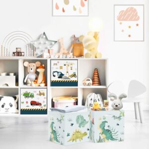 Clastyle 3 Pcs Dinosaur Kid Storage Cube Organizer Set Volcano Dino Closet Clothes Cube Storage Bin Green Nursery Toddler Toy Box Chest Dragon Watercolor Book Shelf Basket