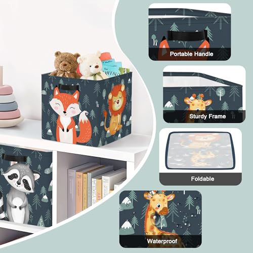 Clastyle 3 Pcs Animal Lion Kid Storage Cube Organizer Set Giraffe Fox Closet Clothes Cube Storage Bin Blue Nursery Toddler Toy Box Chest Raccoon Book Shelf Basket