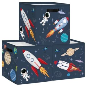 clastyle 3 pcs space kid storage cube organizer set rocket closet clothes cube storage bin blue nursery toddler toy box chest astronaut book shelf basket, 11.8 in