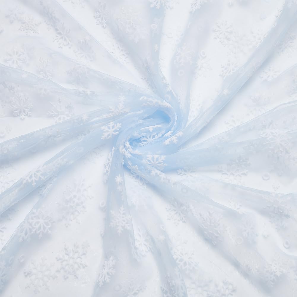 BENECREAT 1.09 Yard Snowflake Tulle Fabric, 69inch Light Blue Sheer Organza Fabric with Velvet Snowflake Pattern for Garment Accessorie, Veils Dress, Curtain Home Christmas Decorations