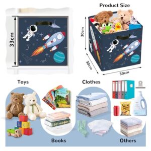 Clastyle 3 Pcs Space Kid Storage Cube Organizer Set Rocket Closet Clothes Cube Storage Bin Blue Nursery Toddler Toy Box Chest Astronaut Book Shelf Basket, 11.8 in