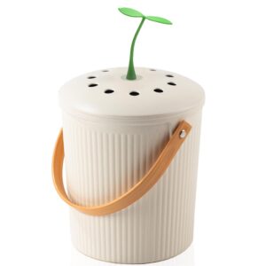 kitchen compost bin countertop - yatmung cylindrical food waste bin for kitchen odorless - indoor bamboo chicken scrap bucket - counter top compost bin with lid - plant styled compost pail - cream