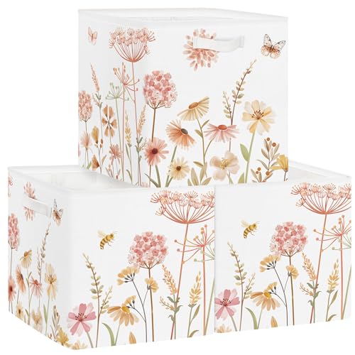 Clastyle 3 Pack Boho Flower Plants Kid Storage Bin Collapsible Large Butterfly Toy Basket for Clothes Book Gift Storage Box with Handle for Office Home Bedroom Nursery