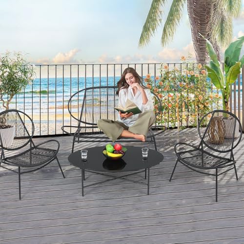 Athena Collection Patio Conversation Set, 4 Pieces All-Weather Rattan Acapulco Chair Loveseat and Oval Table Set Bistro Set Indoor Outdoor Seating Furniture Set for Balcony, Pool, Garden, Black