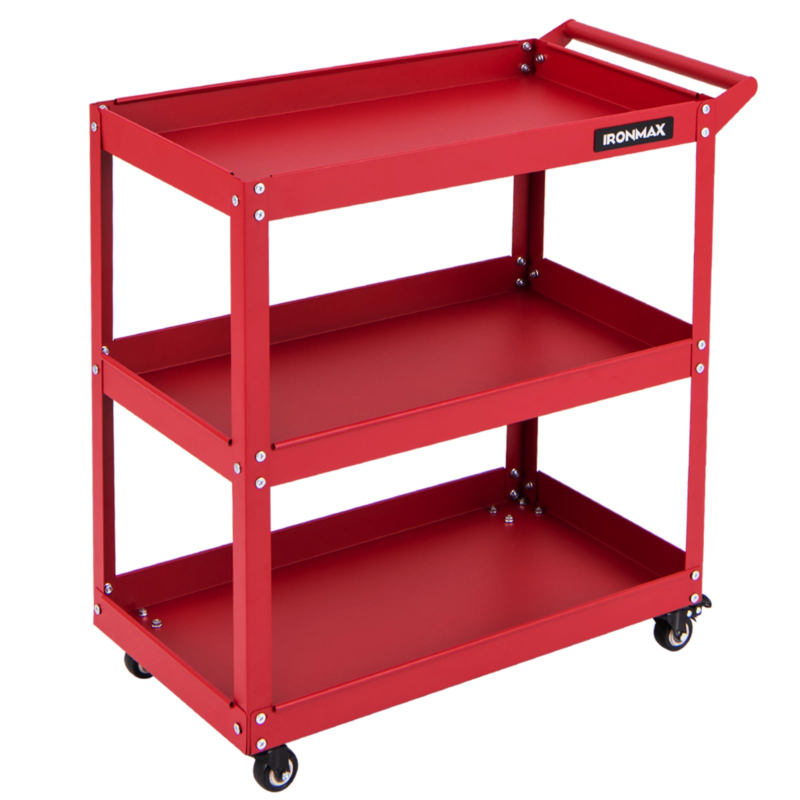 IRONMAX 3 Tier Utility Cart, Heavy Duty Steel Push Service Cart with Lockable 360 Degree Casters, 3 Shelf Tool Cart on Wheels for Garage Office Workshop Warehouse Kitchen (Red)