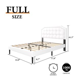 CXVX Full Size Platform Bed Frame with Headboard, Button Tufted & Rivet Design, No Box Spring Needed, Easy Assembly, No Noise, White Faux Leather