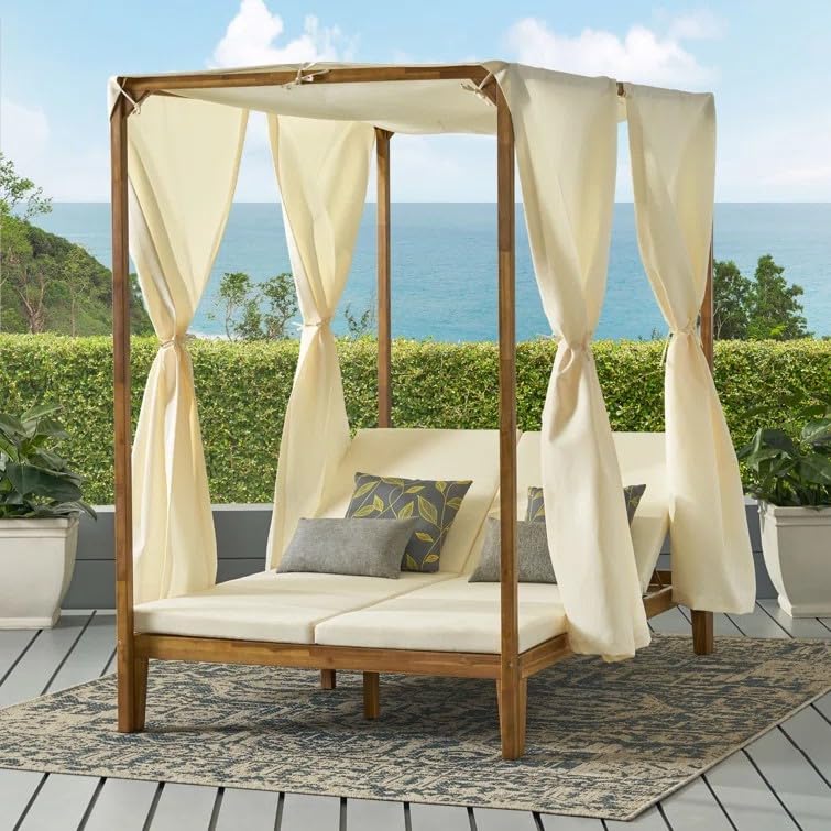 Merax Outdoor Daybed Patio Chaise Lounge,Acacia Wood Sunbed with Adjustable Seats,Overhead Curtains and Thick Cushions for Backyard, Cream