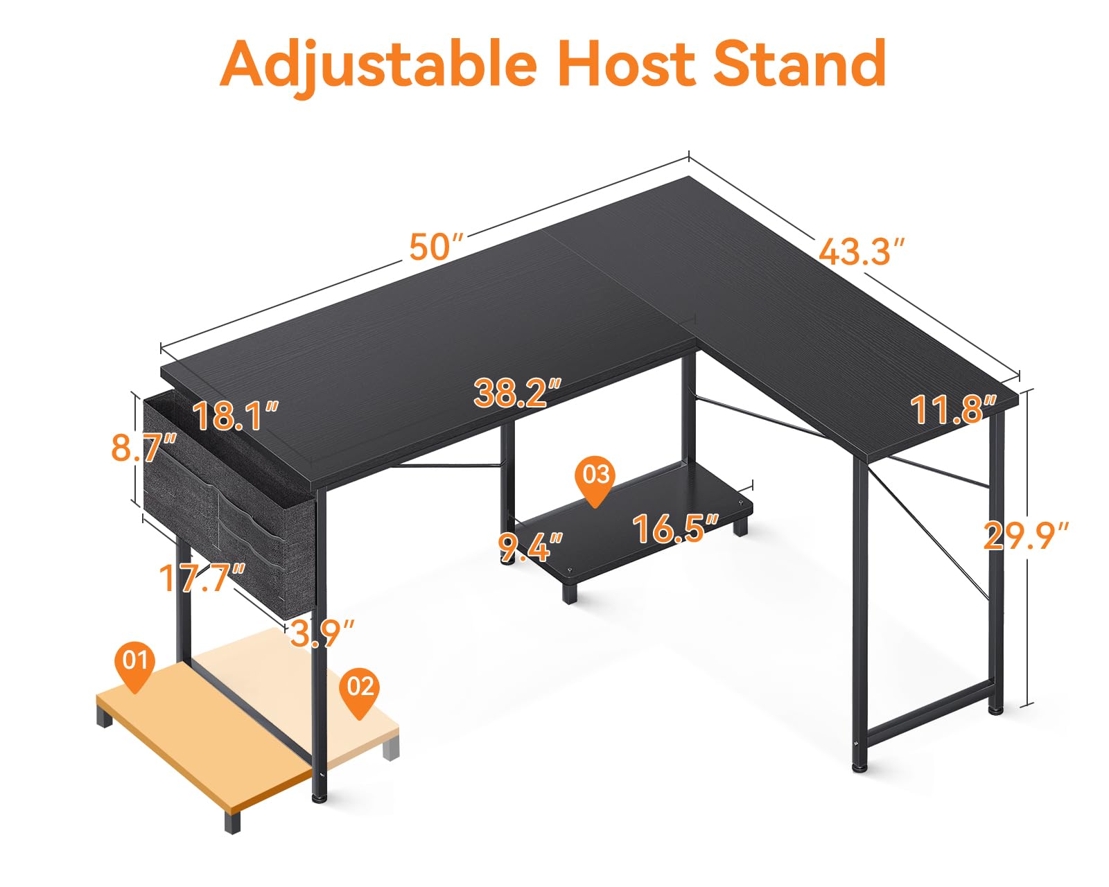 Casaottima 50 inch L Shaped Desk, Computer Desk with Removable PC Stand, Reversible Home Office Desk with Storage Bag for Gaming Writing, Corner Desk for Bedroom, Small Space, Black