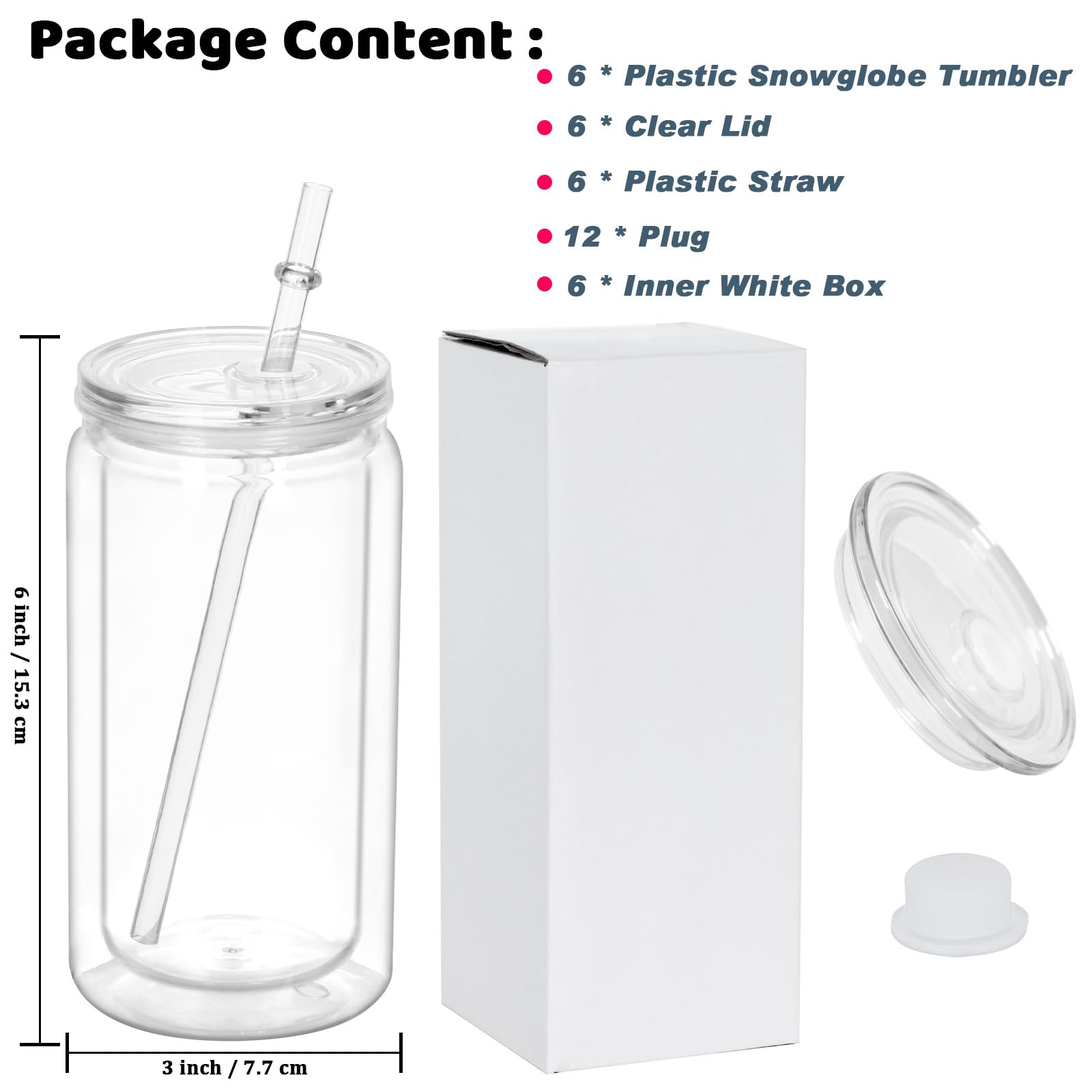 Maucircol 16 Oz Plastic Snowglobe Tumbler, 6 Pack Pre-Drilled Double Wall Plastic Clear Cup for Glitter Snow Globe Diy, Double Wall Snowglobe Cup with Clear Lid