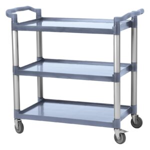 gravee service cart heavy duty 3-shelf rolling utility/push cart with lockable wheels, 360 lbs. capacity, black, for foodservice/restaurant/cleaning grey