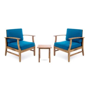 christopher knight home perla outdoor 2 seater acacia wood bistro set with cushions, 28.25 "w x 28 "d x 32.75 "h, teak + blue