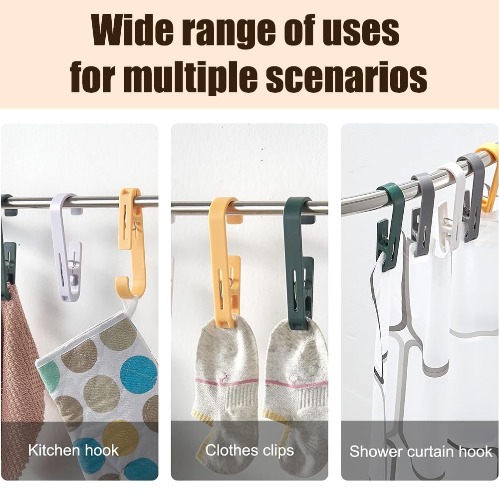 6Pcs Laundry Hooks with Clips Hanger Closet Organizer Clamps Hanging Socks Boot Bras Towels Shower Pegs for Bathroom Wardrobe Kitchen Office Holders Clothes Pins Outdoor, White