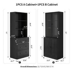 VOWNER Vertical File Cabinet, 3-Tier Modern Bookshelf with 3 Large Drawer, Wood Filing Cabinet with Open Storage Shelf, Glass Doors and Fixed Storage Shelves for Home Office, Black