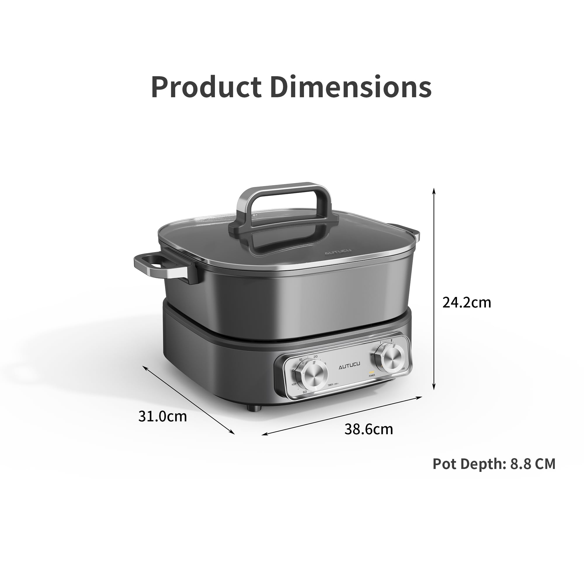 AUTUCU Hot Pot Electric 6.5 Quart | 8-in-1 Multi-Cooker with Safe Nonstick Coating, Three Level Power | Timer, up to 60 Minutes