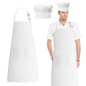 white chef apron and hat set, chef hat and kitchen apron with front pockets for adult, adjustable apron baker costume for cooking, baking, grilling, restaurant, men women halloween cosplay accessories