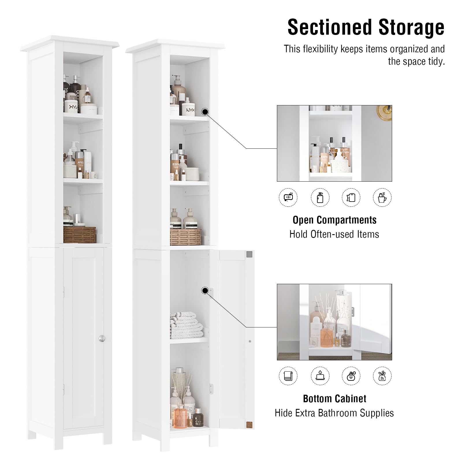 Fmlud Tall Bathroom Storage Cabinet, Bathroom Narrow Cabinet, Slim Storage Cabinet, with Adjustable Shelves and Door, Suitable for Bathrooms, Small Spaces, Kitchens, Living Rooms, White