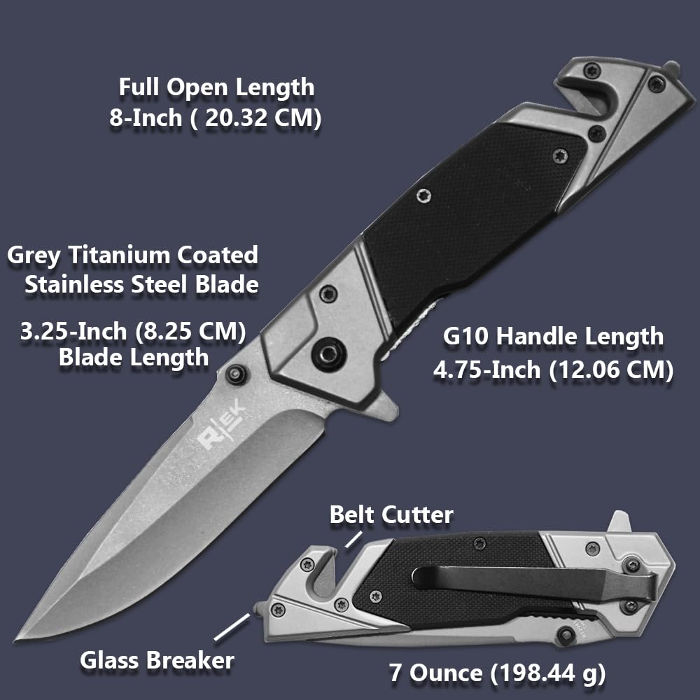 Rtek 4.75" G10 Handle Tactical Folding Pocket Knife with Liner Lock, Pocketclip, Glass Breaker, Seatbelt Cutter (Black)