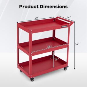 IRONMAX 3 Tier Utility Cart, Heavy Duty Steel Push Service Cart with Lockable 360 Degree Casters, 3 Shelf Tool Cart on Wheels for Garage Office Workshop Warehouse Kitchen (Red)