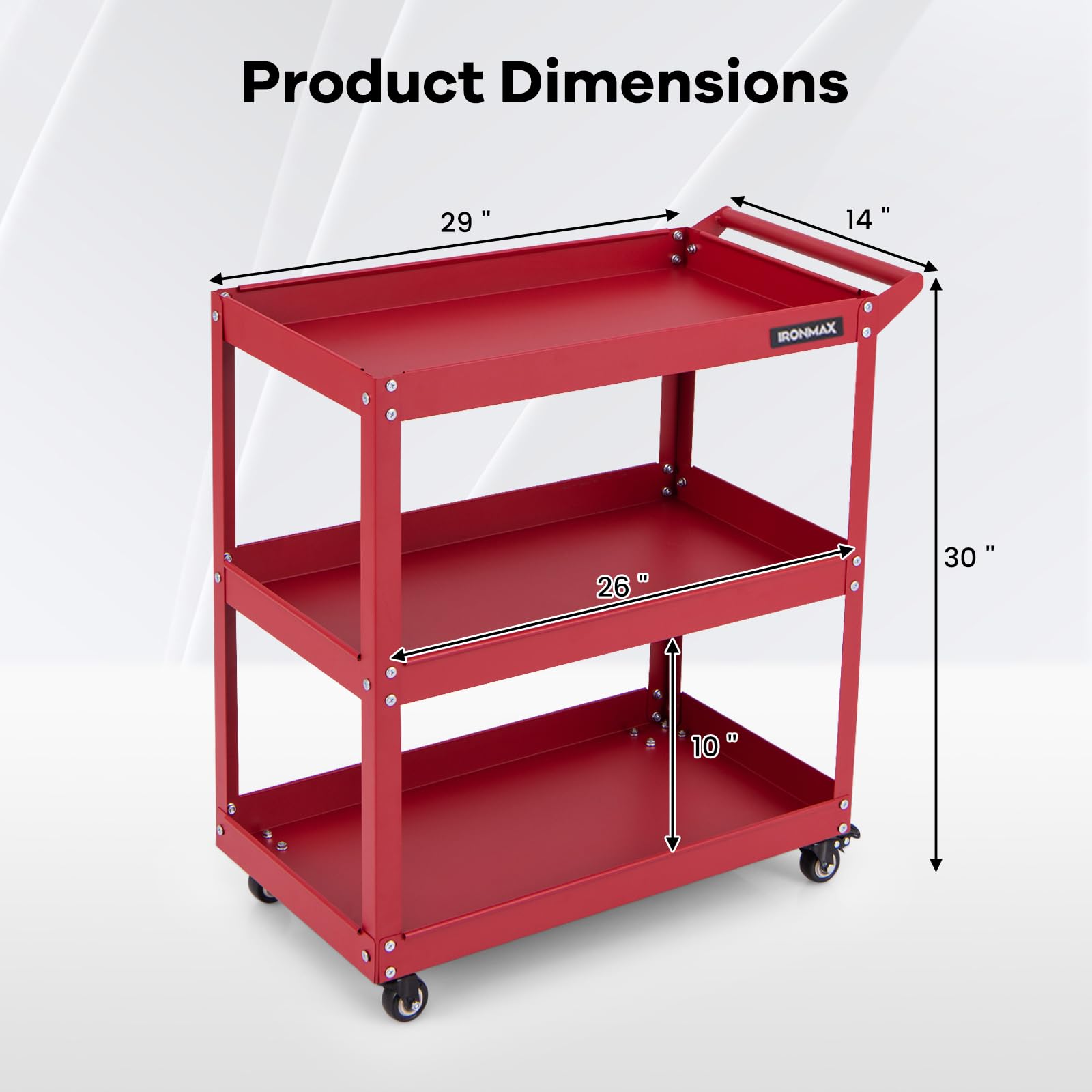 IRONMAX 3 Tier Utility Cart, Heavy Duty Steel Push Service Cart with Lockable 360 Degree Casters, 3 Shelf Tool Cart on Wheels for Garage Office Workshop Warehouse Kitchen (Red)