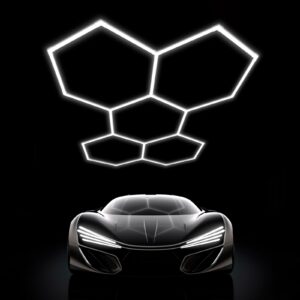 ludapp hexagon garage lights ceiling led, 5 hex grid systems honeycomb lights, 6500k cooler light for hex lights, aluminum hexagonal shop lights for garage, shop, gym