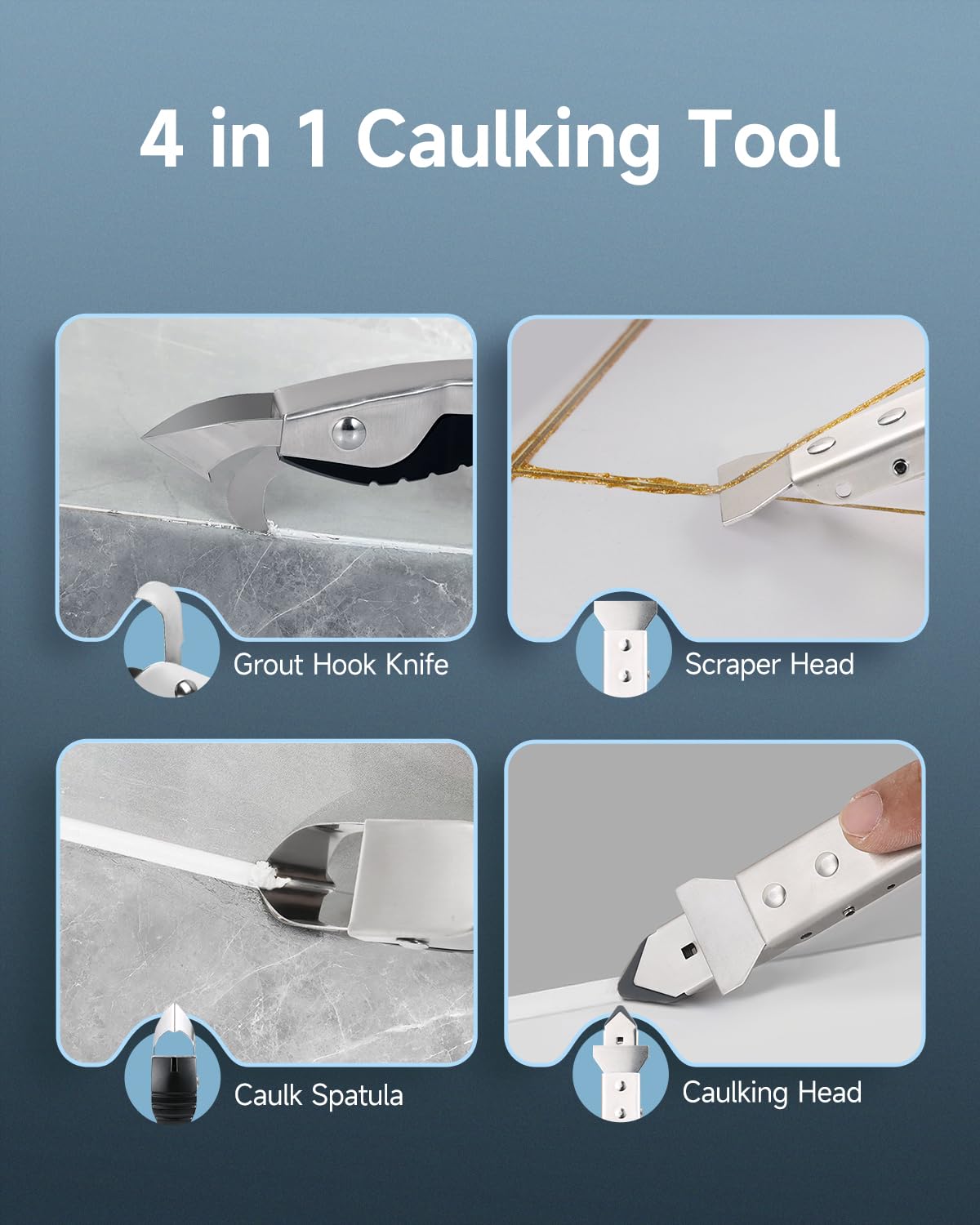 EVOHONOUR Caulking Tool Kit, Stainless Steel Caulk Remover Tool, 4 in 1 Caulk Tool for Bathroom, Kitchen, Floor, Window, Sink Joint, Frames Seal