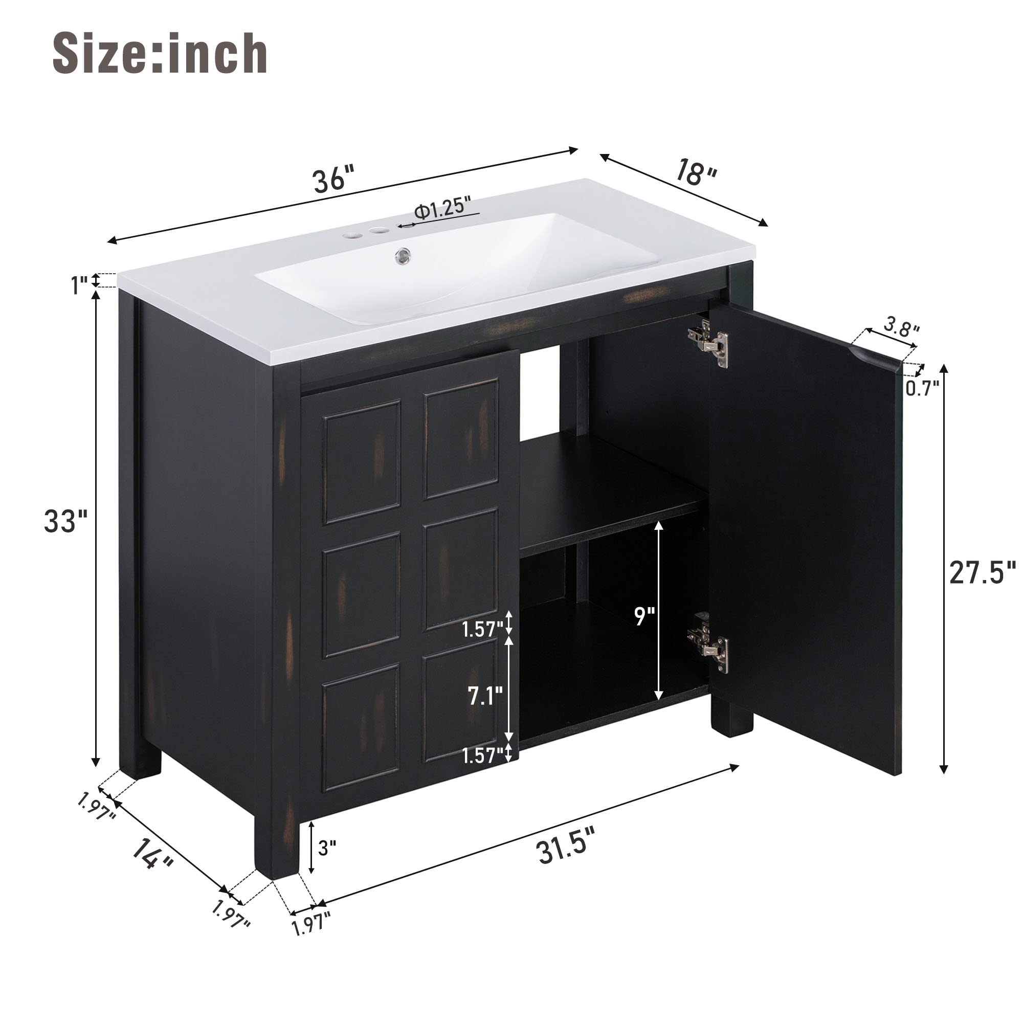 36 in Bathroom Vanity with Sink, 2 Doors and Adjustable Shelf, Wood Bathroom Sink Cabinet,Modern Freestanding Black Bathroom Vanities with Sink Combo